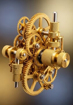 Intricate arrangement of polished brass gears and interlocking cogs with mechanical attenuators featuring industrial metallic golden textures, copper, background, parts