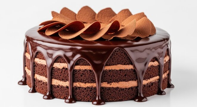 Luscious dark chocolate cake with a thick, shiny ganache glaze dripping down the layers, topped with delicate cocoa shavings in macro view, homemade, decadent, dripping
