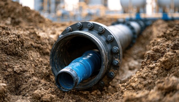 Large metal water pipe partially buried in excavated soil trench with blue interior lining and bolted flange connection