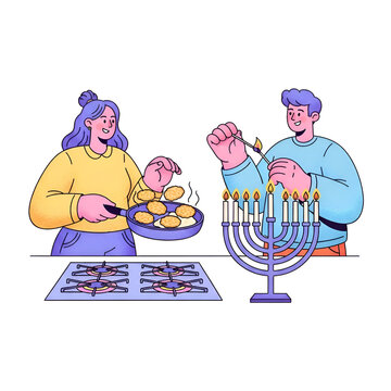 Couple celebrating hanukkah by cooking latkes and lighting menorah