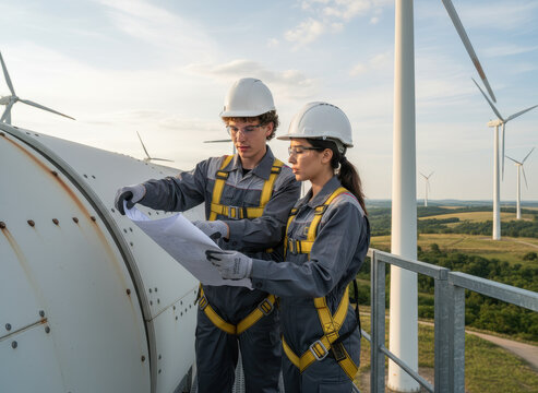 A young male and female maintenance engineer team is working and holding the report at a wind turbine farm, a generator station for renewable energy