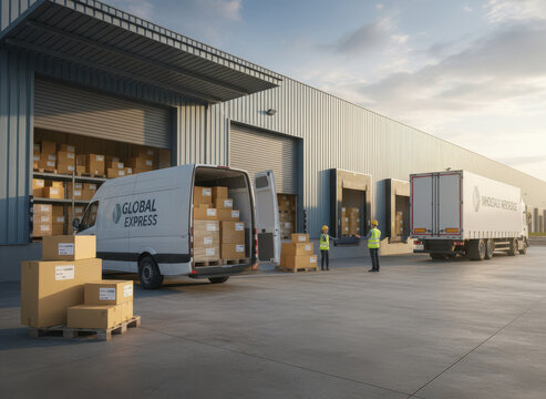 A delivery van, brimming with cardboard boxes, stands outside the logistics warehouse through its open door, while a truck transports online orders, purchases, e‑commerce goods, and wholesale