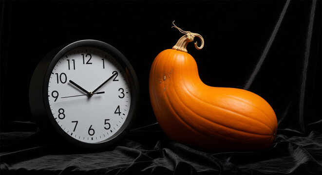 A round clock showing ten o'clock next to a uniquely shaped orange pumpkin on a dark background