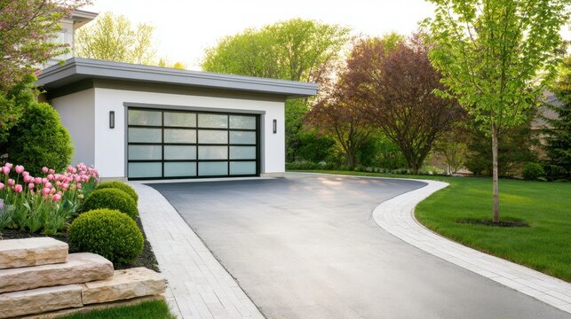 Suburban home with curved asphalt driveway and glass-panel garage