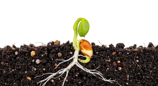 Vibrant cross-section showing a small seed germinating with tender roots pushing through dark earth, capturing the magical start of life, science, fertile, layer