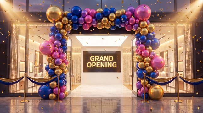 Grand opening storefront with festive balloon arch, luxury retail shop entrance with gold and blue balloons, celebratory store launch event