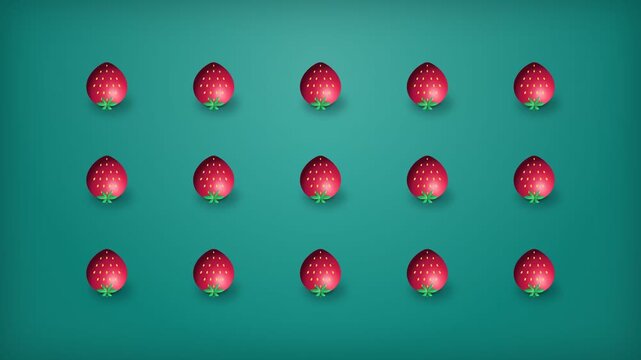 A minimalist grid pattern of stylized red strawberries on a teal background.