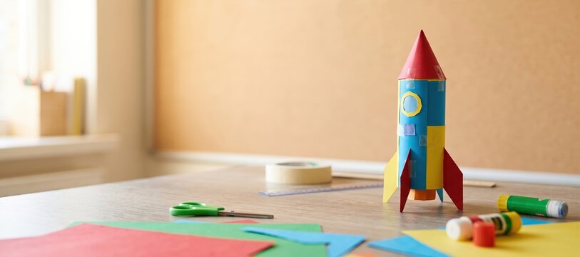 Paper rocket model on classroom table with craft supplies