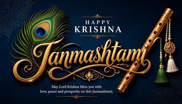 Celebrating happy Janmashtami festival of India with llustration of Lord Krishna playing bansuri (flute) and dahi handi competition with text in Hindi ...