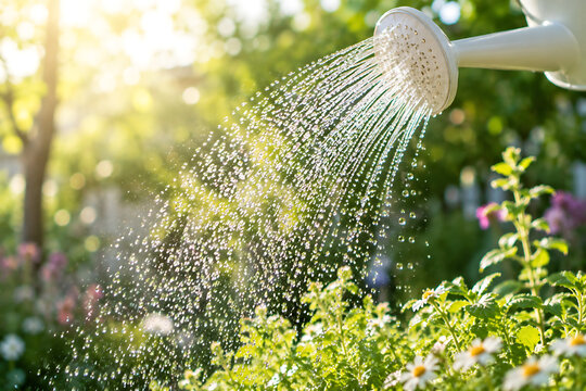 夏の庭でジョウロを使って植物や花に水やりをするガーデニングの風景、植物の手入れと家庭菜園をイメージしたアイキャッチ素材