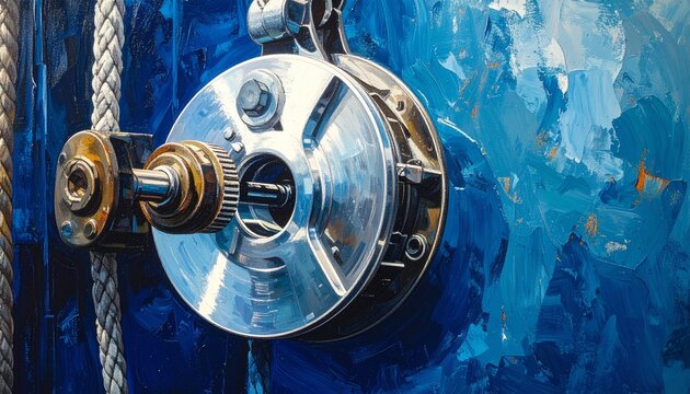 Close up of a polished metal winch on a blue textured background.