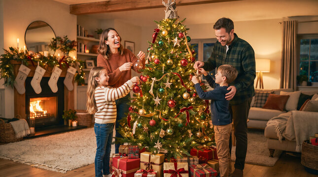 Familia feliz decorando el &aacute;rbol de Navidad en un acogedor sal&oacute;n, concepto de uni&oacute;n familiar, tradici&oacute;n, celebraci&oacute;n y ambiente navide&ntilde;o.