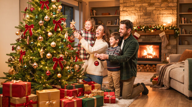 Familia feliz decorando el &aacute;rbol de Navidad en un acogedor sal&oacute;n, concepto de uni&oacute;n familiar, tradici&oacute;n, celebraci&oacute;n y ambiente navide&ntilde;o.