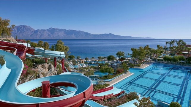 Water slide complex at a beachfront resort overlooking the ocean with mountains in the distance