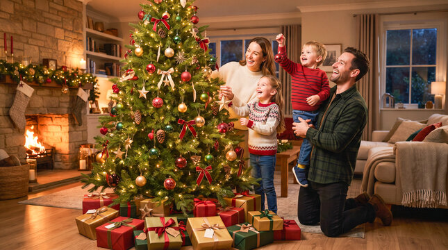 Familia feliz decorando el &aacute;rbol de Navidad en un acogedor sal&oacute;n, concepto de uni&oacute;n familiar, tradici&oacute;n, celebraci&oacute;n y ambiente navide&ntilde;o.