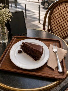 Chocolate Cake Slice Served at a Parisian Sidewalk Caf&eacute;