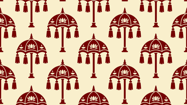 Seamless pattern featuring traditional Indian ceremonial umbrellas with intricate details and tassels on a cream background.