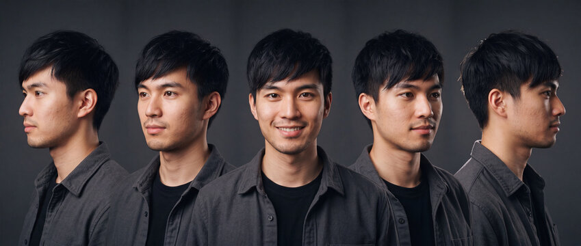 Asian man portrait sequence in studio showing five profile angles against a dark background, ideal for face recognition technology, barbershop haircut views, and casting composite banners