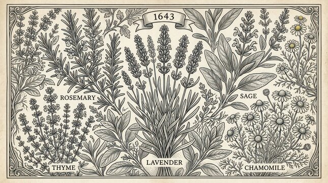 Industrial Vintage Botanical of Five Essential Herbs from 1643 in Detailed Monochromatic Line Art