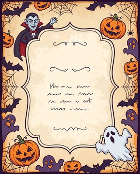 Cartoon Halloween Invitation Frame with Vampire Dracula, Ghosts and Carved Pumpkins