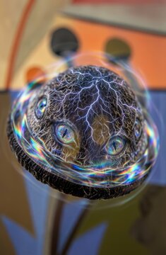 Fungo mutato fantascientifico con occhi arcobaleno e scariche elettriche