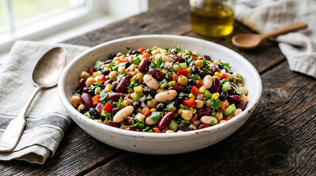White bowl filled with a colorful bean salad containing kidney, black, and cannellini beans, corn, red bell peppers, and chopped green herbs
