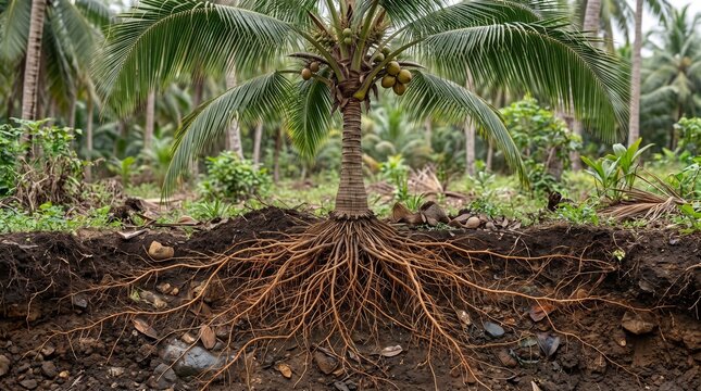 Cross-section view of a healthy mature coconut palm showing its complete trunk, fronds, and extensive underground fibrous root system in rich tropical soil.
