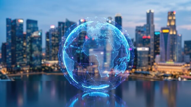 A glowing digital globe hologram floating over the singapore city skyline during a beautiful blue hour twilight evening