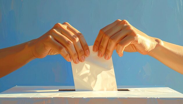 Hands placing a ballot into a voting box.