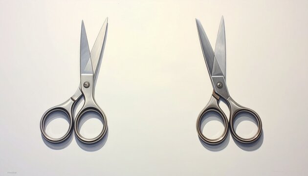 Two pairs of sharp metal scissors on light background.