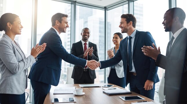 Diverse professional business team applauding as two colleagues shake hands during a successful meeting in a modern office