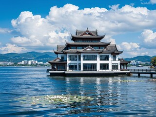 Obraz premium Traditional Chinese style pavilion on the lake with water lilies