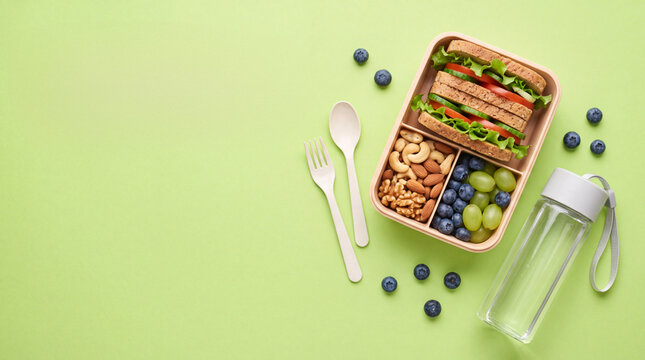A healthy lunch box containing a fresh sandwich, nuts, grapes, and blueberries, alongside a water bottle and wooden cutlery on a green background.