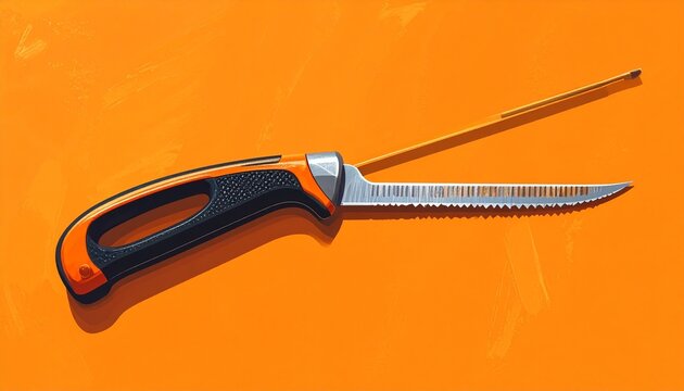 Sharp fillet knife with wooden handle on orange background.