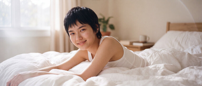 Asian woman relaxing on bed in morning wearing a white tank top under warm soft natural lighting, ideal for wellness, self-care, home lifestyle, and morning routine visual projects