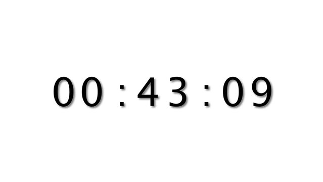Digital clock display counting time showing forty three minutes and nine seconds mark.