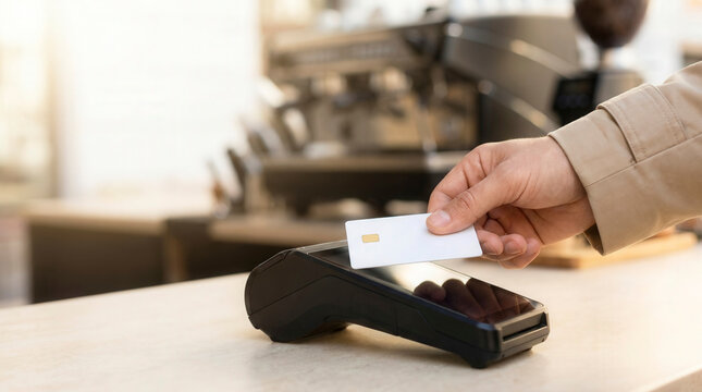 Male hand tapping credit card on POS terminal in coffee shop, contactless payment and modern retail transaction