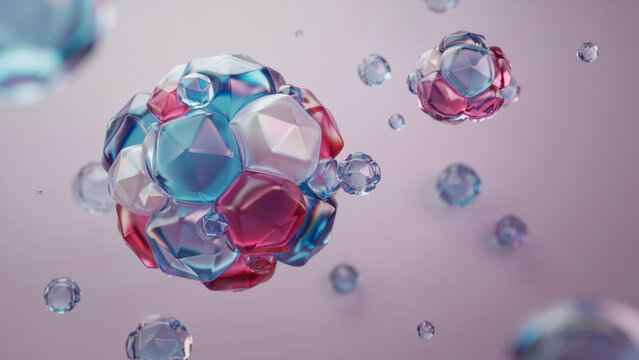 Abstract 3D Render Featuring Multicolored Translucent Geometric Molecular Spheres Floating in a Soft Gradient Atmosphere