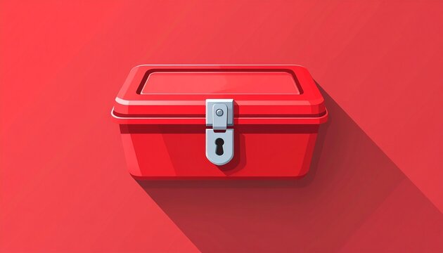 Red plastic storage box with metal latch on wall.
