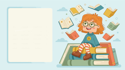 Fototapeta premium Little Girl Sitting on Books with Flying Pages and Copy Space