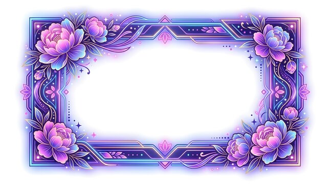 Elegant rectangular floral frame with glowing purple roses and decorative ornate borders for wedding invitation design
