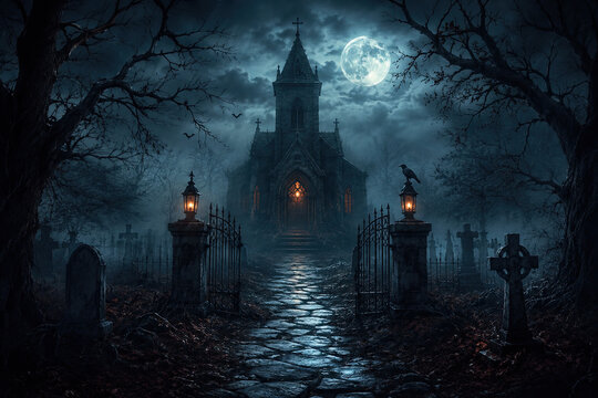 A dark and eerie gothic church stands at the end of a stone path in a misty haunted graveyard