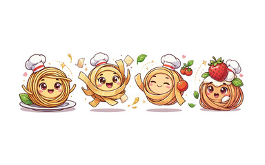 Naklejka premium Cute Kawaii Pasta Characters Wearing Chef Hats Set with Fresh Ingredients and Playful Expressions