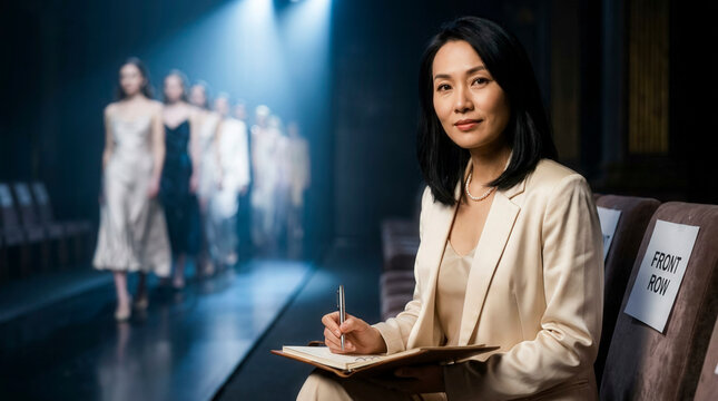 Woman making notes front row at fashion runway show, fashion journalism and professional critique