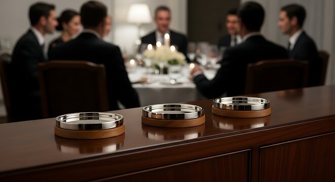 Business partners having a formal dinner meeting at a high end restaurant with silver serving trays placed on a wooden counter while colleagues discuss corporate strategy and professional
