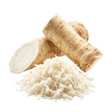 Fresh Horseradish Root and Grated Spice Isolated on Black Background