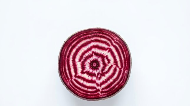 Raw organic chioggia beetroot cross-section, fresh striped candy vegetable ingredient for healthy vegan and vegetarian diet nutrition, isolated on white background
