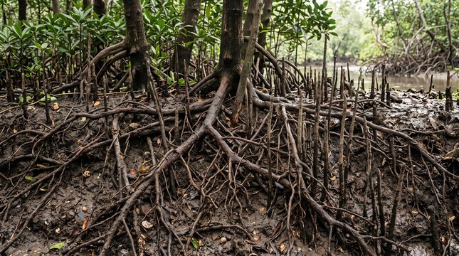 Close-up of intricate mangrove prop roots and pneumatophores embedded in coastal mud sediment.