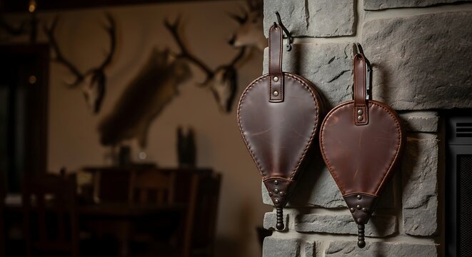 Two rustic leather fireplace bellows hang side by side on a textured stone wall inside a cozy cabin room filled with traditional lodge decor and mounted antlers reflecting a warm mountain