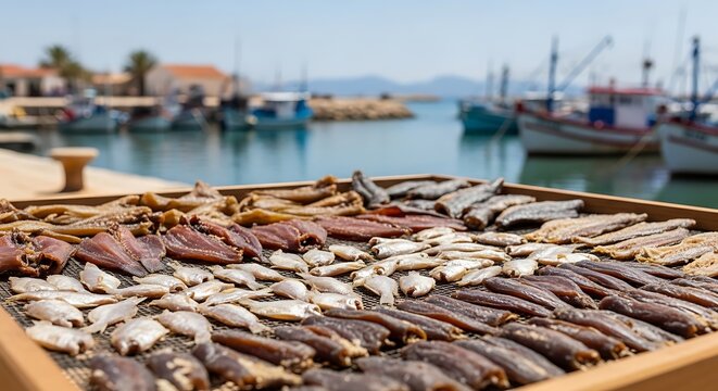 Sun Dried Small Fish Laying Upon Wooden Frames Located Within A Mediterranean Harbor Marina Setting With Fishing Vessels Resting In The Distance On A Sunny Afternoon Prepared For Traditional